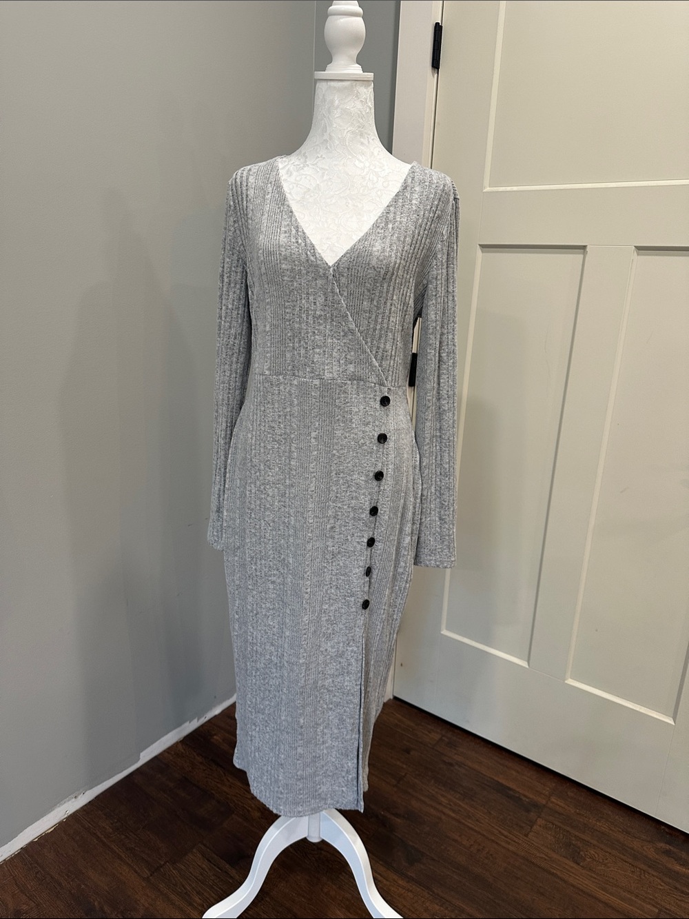 SHEIN Grey Ribbed Wrap-Style Midi Dress with Side Buttons